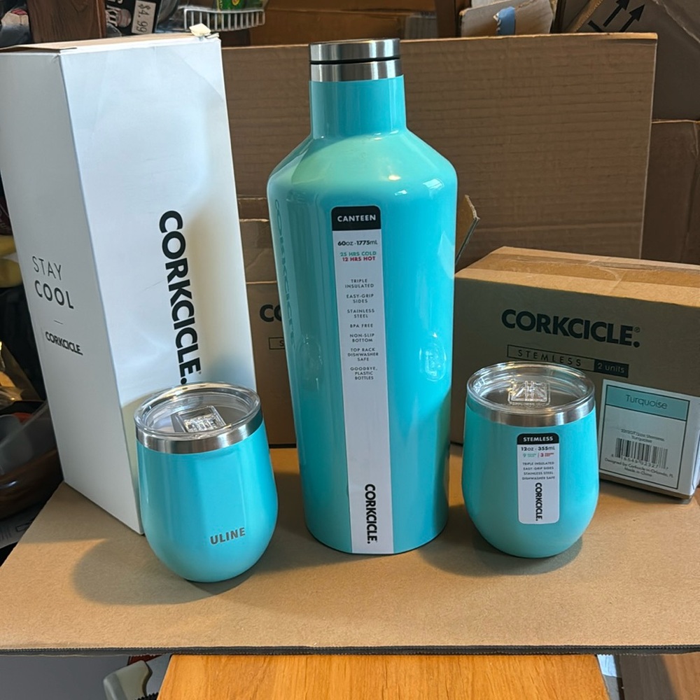 Uline Branded-Stainless Steel Corkcicle Canteen w/4 Stemless Tumbler - Turquoise